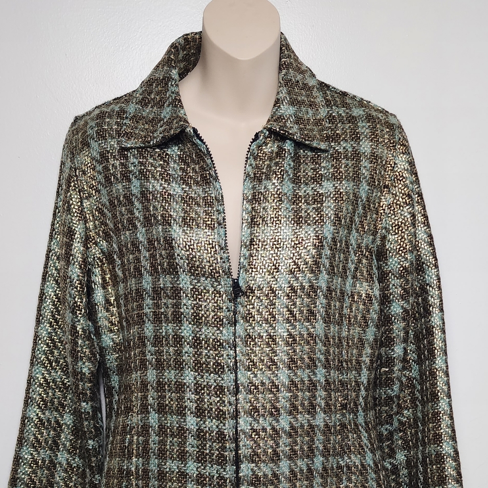 Chico's Metallic Plaid Gold Chain Tweed Jacket